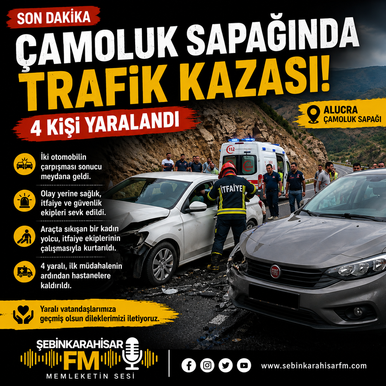Çamoluk Sapağında İki Otomobil Çarpıştı: 4 Kişi Yaralandı